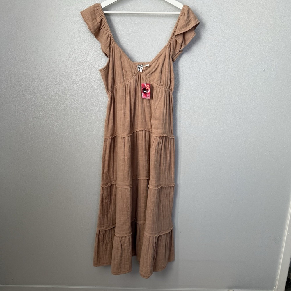Roxy Juniors Women's Palmy Days Midi Sun Dress Long Tiered Praline Solid Brown L - Picture 4 of 10